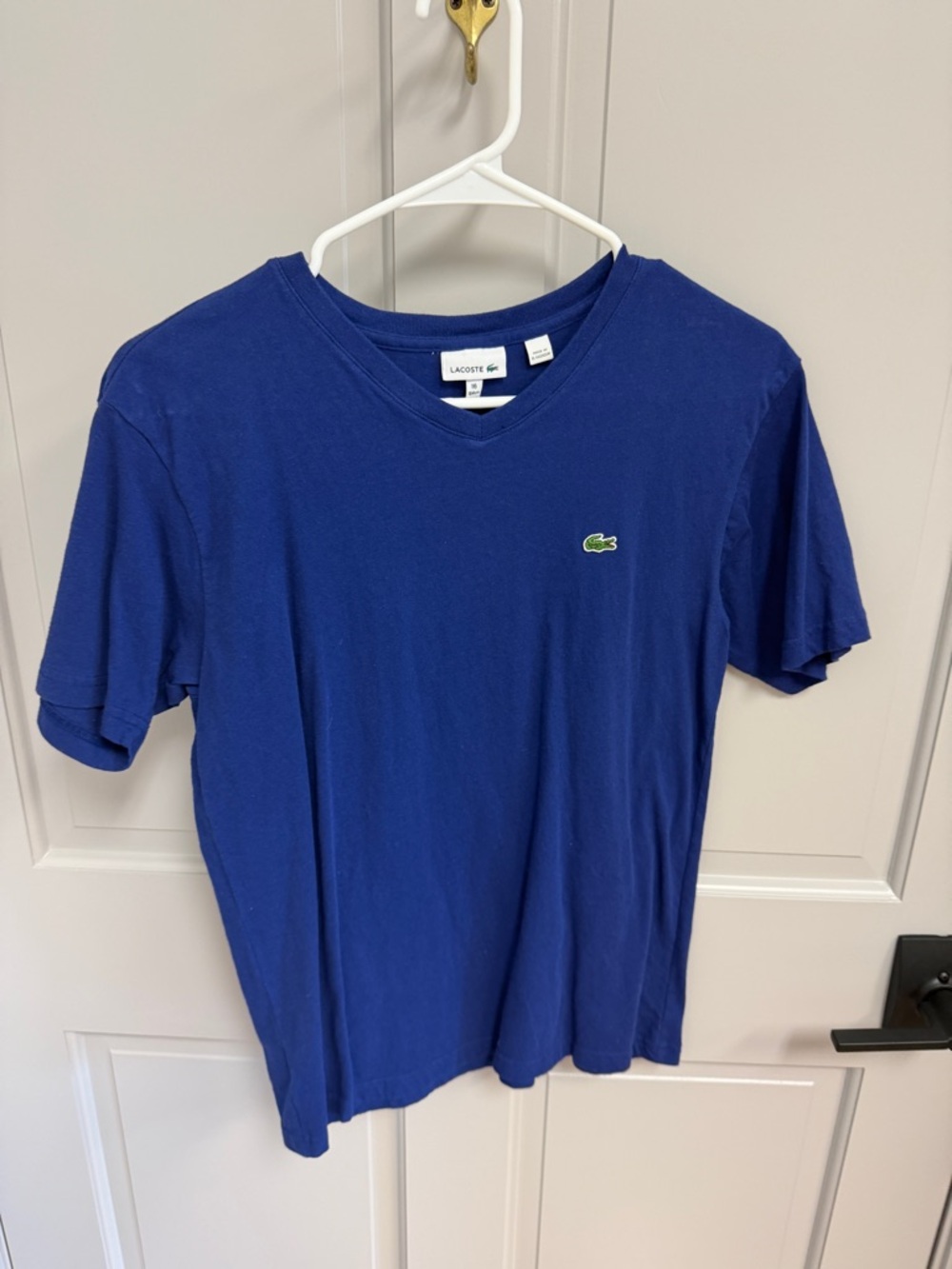 Boys Lacoste Short-Sleeve V-Neck Tee in Blue with Green Crocodile
